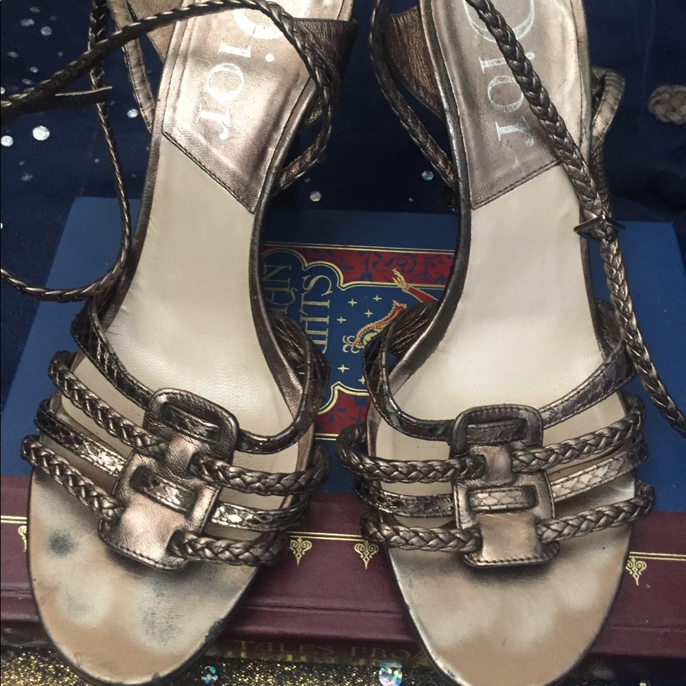 DIOR METALLIC PEWTER VTG GREEK BRAIDED LEATHER WEDGE Heels GORG LUX 7 $ FIRM - Picture 6 of 6